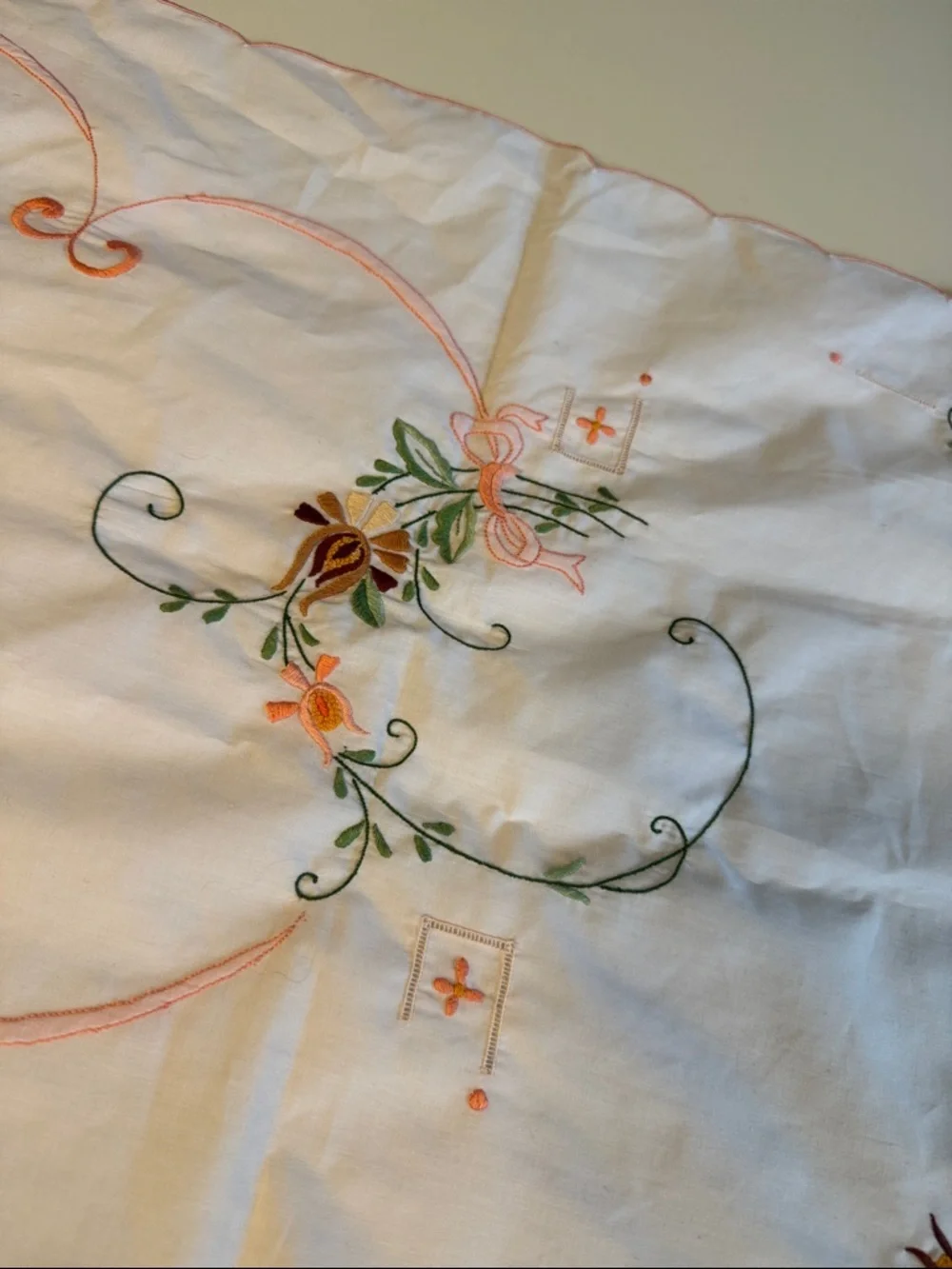Vintage Embroidered Floral Table Runner - White with Pink and Green